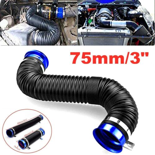 BLUE Universal 3'' Flexible Car Cold Air Intake Hose Filter Pipe Telescopic Tube Kit